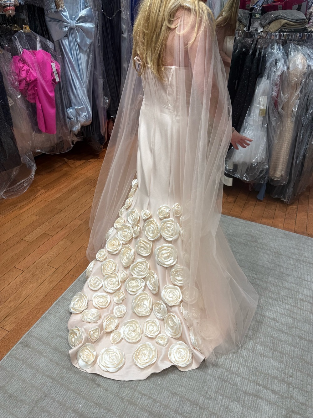 Terani Couture Blush Strapless Gown with 3D Floral Appliqués - Picture 3 of 5